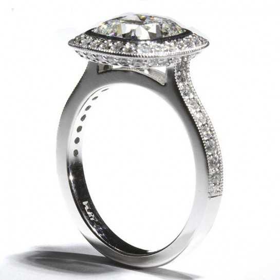Bezel Set Diamond Halo Milgrain Cathedral Engagement Ring