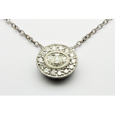 Oval Diamond Halo Pendant with Milgrain and 16" Inch Cable Chain