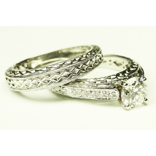 Muti-Carvings Hand Made Diamond Engagement Ring & Wedding Band Set