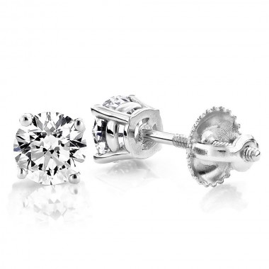 1.00 CTW Diamond stud Screw-back Earrings 14K White Gold colorless SI Ideal Cut