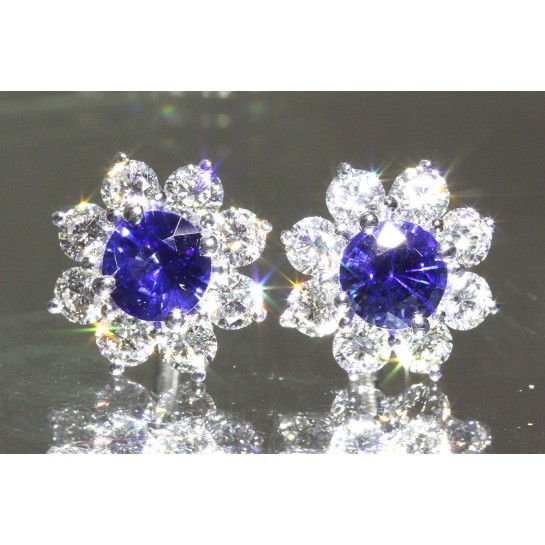 2.25 CTW Royal Blue Sapphire & Diamond Floral Stud Earrings 14K White Gold 