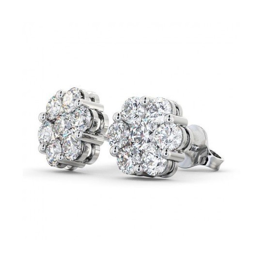 F VS Ideal Diamond Cluster Flower Earrings 0.65 Carat Weight 14K White Gold