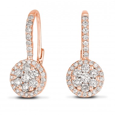 .65 CTW Diamond Cluster Round Hanging Earrings 14K Rose Gold G SI1 Ideal Cut 18mm High 8mm Wide