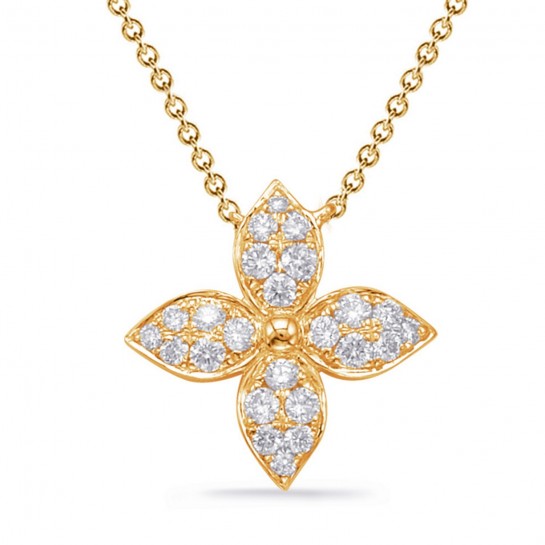 1/4 Carat Diamond Encrusted Floral Designer Micro Prong Necklace & 16 Inch Chain 14K Yellow Gold- 27MM