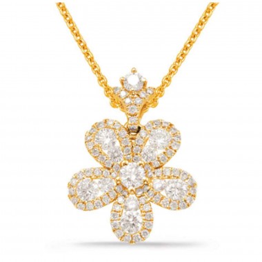 0.93 ct Diamond Floral Pendant & 16" Inch Cable Chain in 14K Yellow Gold
